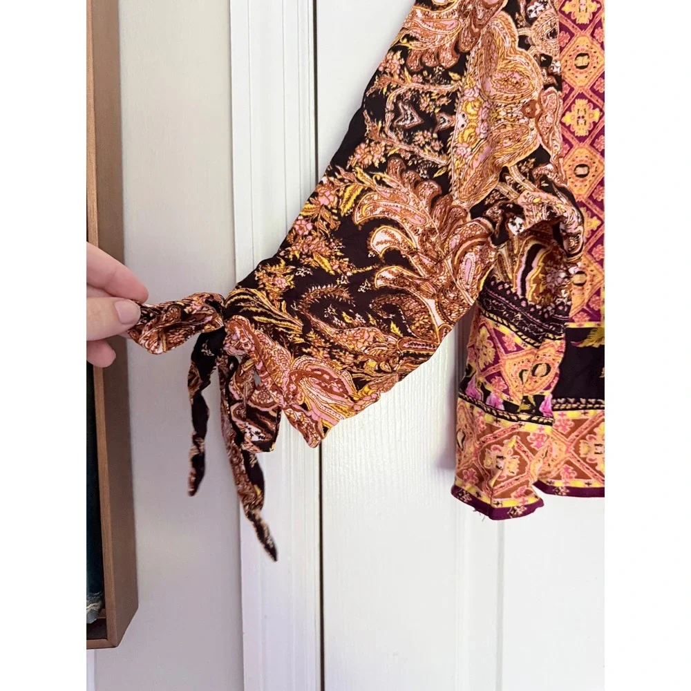 Free People Catch Me If You Can Top Orange Paisley Cropped Boho Blouse Medium